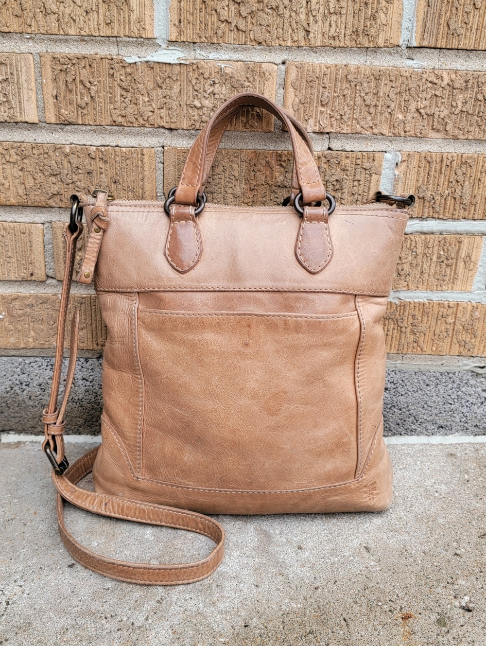 Frye Melissa Distressed Beige Leather Small Tote Crossbody